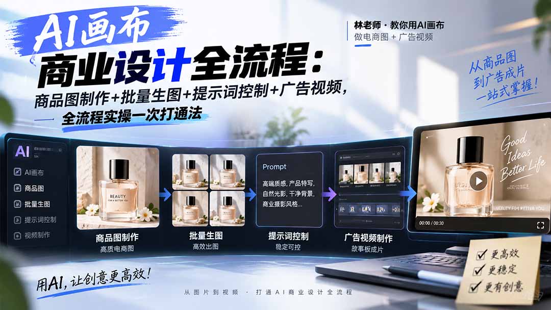 AI画布商业设计全流程:商品图制作+批量生图+提示词控制+广告视频,全流程实操一次打通法-喜学网