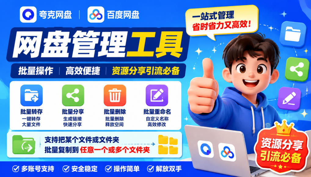 夸克网盘批量文件重命名,批量转存、批量分享、批量复制,内置AI功能