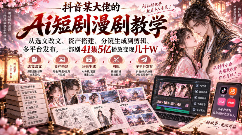 抖音某大佬的Ai短剧漫剧教学，从选文改文、资产搭建、分镜生成到剪辑、多平台发布，一部剧41集5亿播放变现几十W福星网赚创业资源-网赚项目-副业赚钱-互联网创业-资源整合福星网赚资源