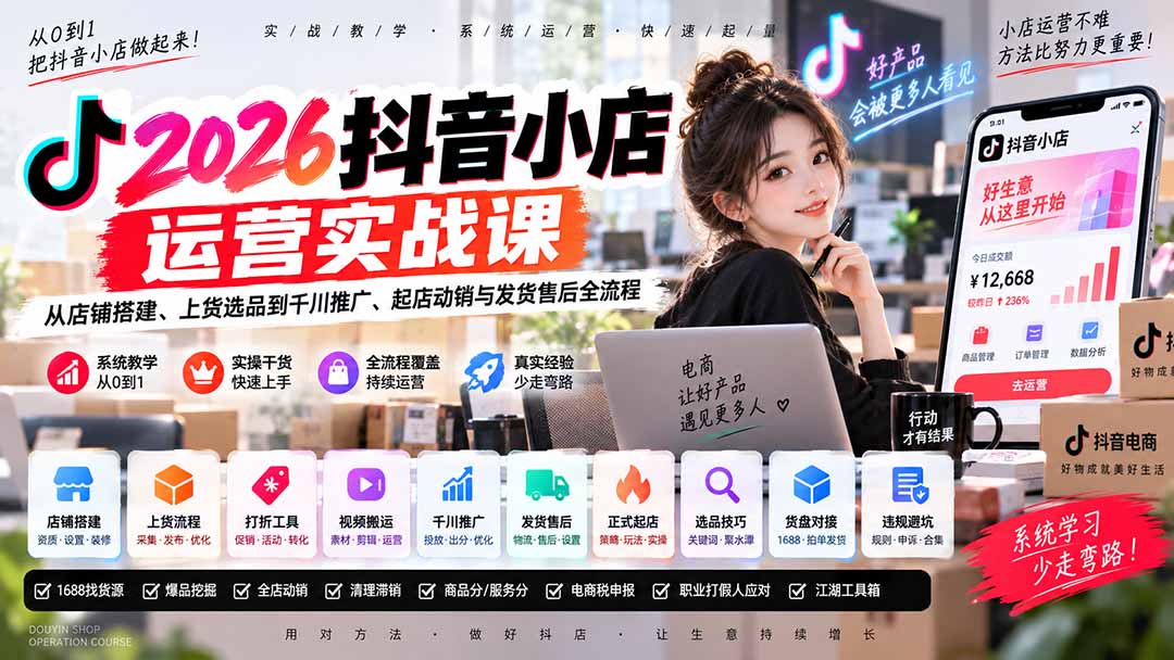 2026抖音小店运营实战课｜从店铺搭建、上货选品到千川推广、起店动销与发货售后全流程福星网赚创业资源-网赚项目-副业赚钱-互联网创业-资源整合福星网赚资源