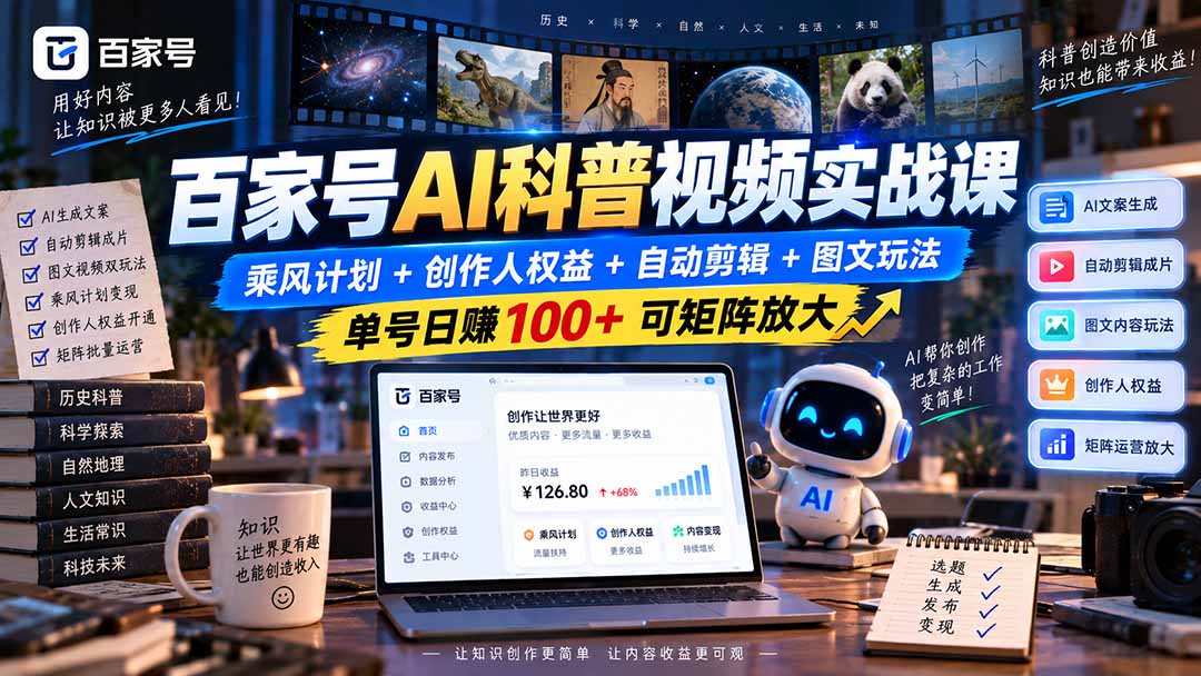 百家号AI科普视频实战课：乘风计划+创作人权益+自动剪辑+图文玩法，单号日赚100+可矩阵放大-喜学网