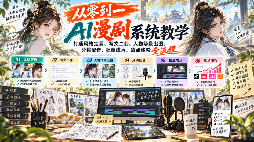 从零到一AI漫剧系统教学,打通风格定调、写文二创、人物场景出图、分镜配音、批量成片、热点涨粉全流程-喜学网