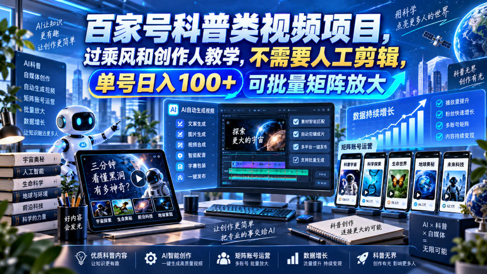 百家号科普类视频项目，过乘风和创作人教学，不需要人工剪辑，单号日入100+可批量矩阵放大-喜学网