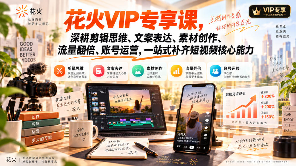 花火VIP专享课，深耕剪辑思维、文案表达、素材创作、流量翻倍、账号运营，一站式补齐短视频核心能力-喜学网