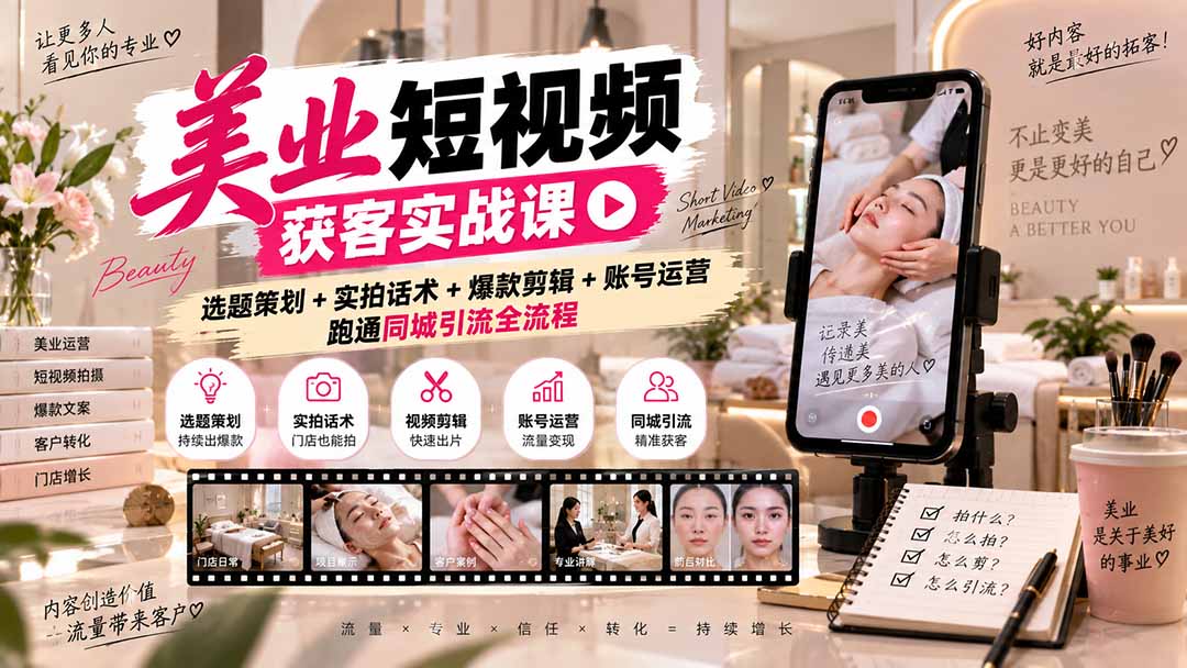 美业短视频获客实战课-无水印：选题策划+实拍话术+爆款剪辑+账号运营，跑通同城引流全流程-我爱发帖
