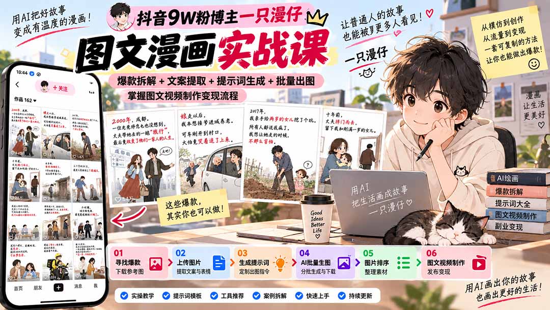 抖音9W粉博主一只漫仔图文漫画课:爆款拆解+文案提取+提示词生成+批量出图,掌握图文视频制作变现流程-皮皮网创