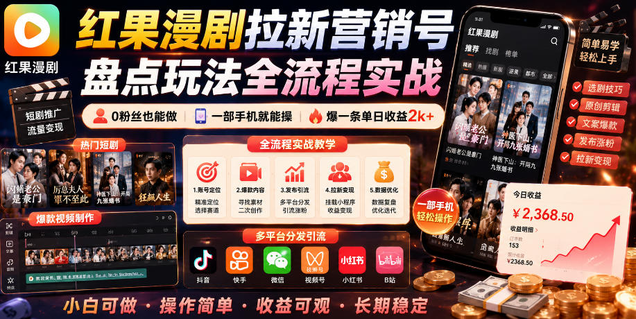 红果漫剧拉新营销号盘点玩法全流程实战，0粉丝也能做，一部手机就能做，爆一条单日收益2k+(更新0922)福星网赚创业资源-网赚项目-副业赚钱-互联网创业-资源整合福星网赚资源