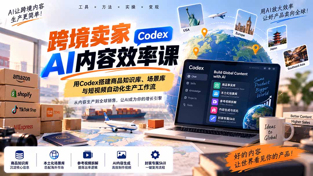 跨境卖家AI内容效率课：用Codex搭建商品知识库、场景库与短视频自动化生产工作流-我爱发帖