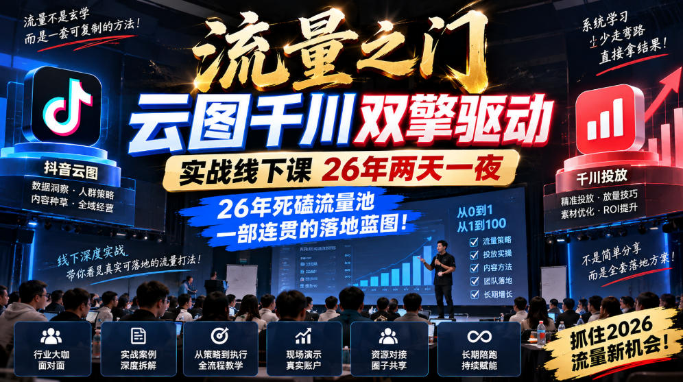 流量之门-云图千川双擎驱动实战线下课26年两天一夜,26年死磕流量池一部连贯的落地蓝图!-喜学网