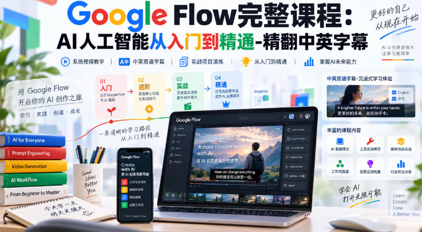 【无水印】Google Flow完整课程：AI人工智能从入门到精通-精翻中英字幕-喜学网