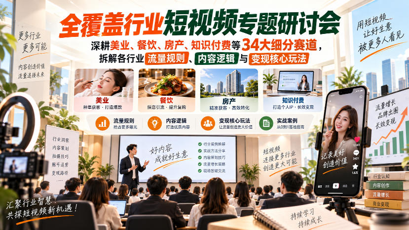 短视频专题研讨会，深耕美业、餐饮、房产、知识付费等34大细分赛道，拆解各行业流量规则、内容逻辑与变现核心玩法-喜学网