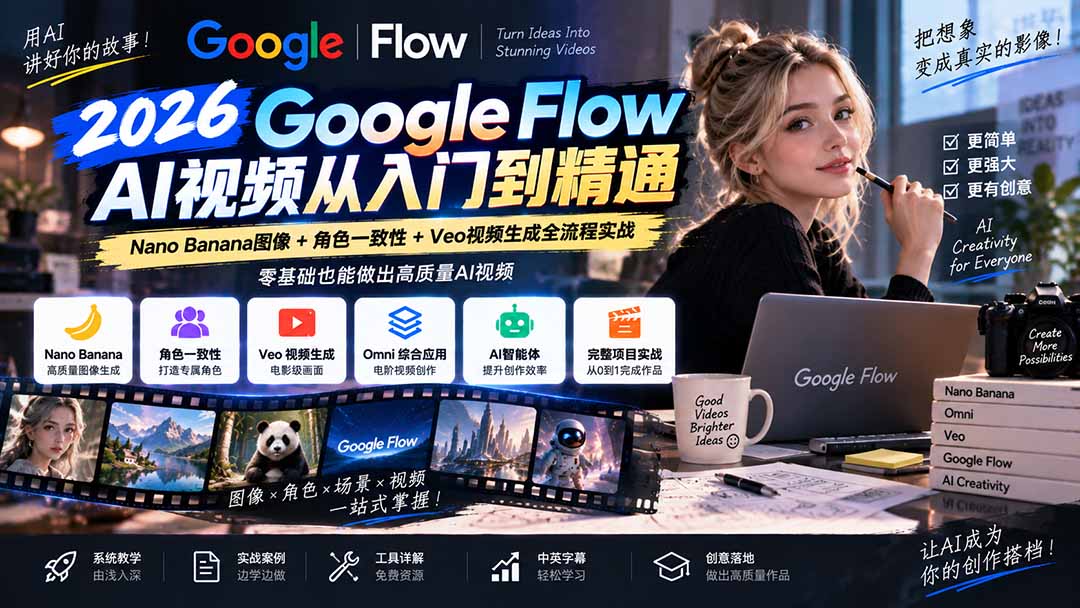 【无水印】Google Flow AI视频从入门到精通：Nano Banana图像+角色一致性+Veo视频生成全流程实战-精翻中英字幕-喜学网