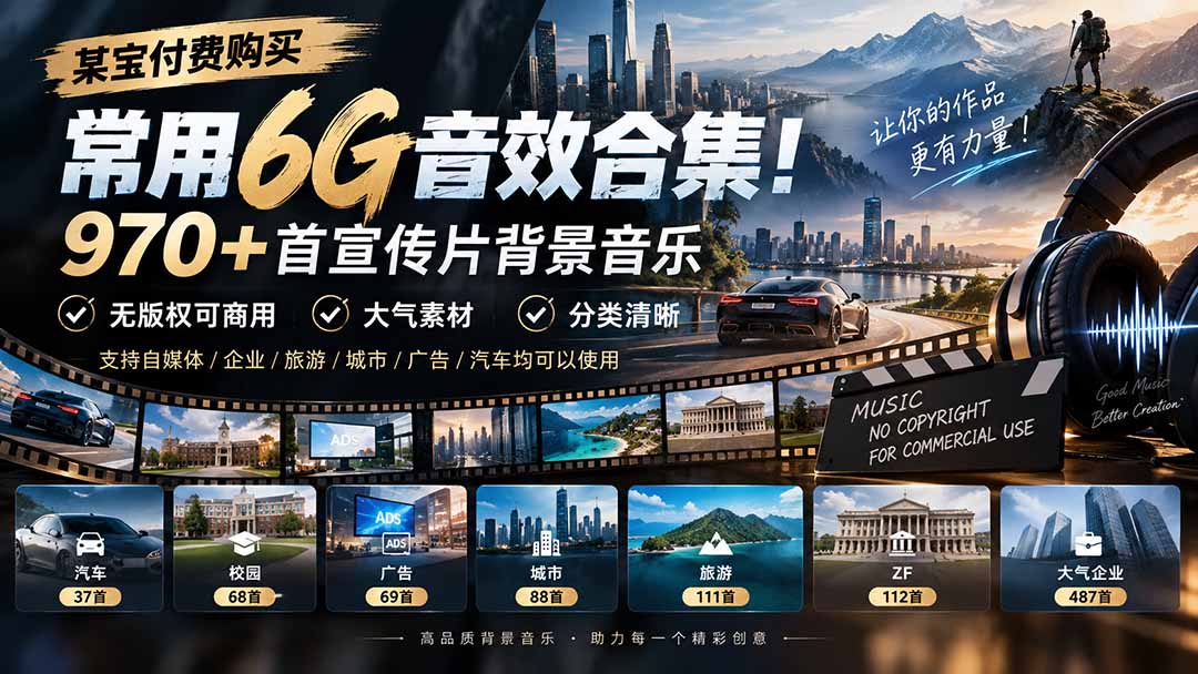 某宝付费购买,常用6G音效合集!970+首宣传片背景音乐,无版权可商用大气素材,分类清晰-皮皮网创