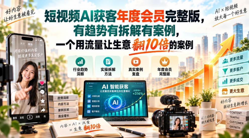 短视频AI获客年度会员完整版,有趋势有拆解有案例,一个用流量让生意翻10倍的案例-喜学网