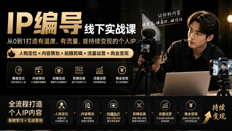 【无水印】IP编导线下实战课，从人物定位到短视频拍摄剪辑，全流程打造有温度、有流量、能持续变现的个人IP内容-我爱发帖