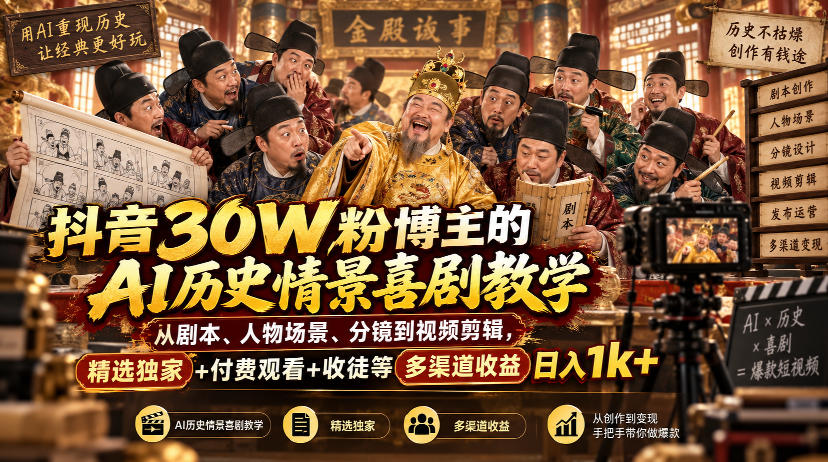 抖音30W粉博主的AI历史情景喜剧教学，从剧本、人物场景、分镜到视频剪辑，精选独家+付费观看+收徒等多渠道收益日入1k+福星网赚创业资源-网赚项目-副业赚钱-互联网创业-资源整合福星网赚资源