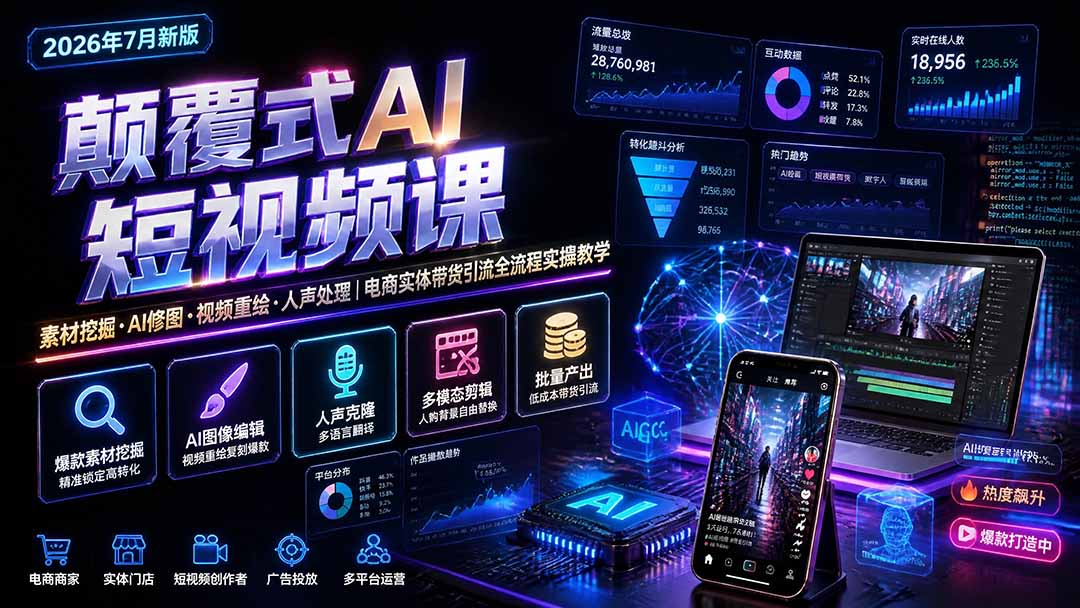 颠覆式AI短视频课-更新｜素材挖掘，AI修图，视频重绘，人声处理｜电商实体带货引流全流程实操教学-喜学网