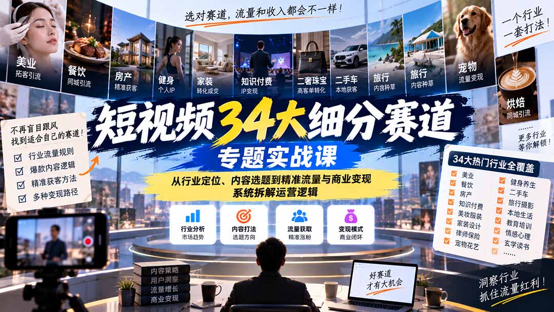 短视频34大细分赛道专题实战课：从行业定位、内容选题到精准流量与商业变现，系统拆解运营逻辑-我爱发帖