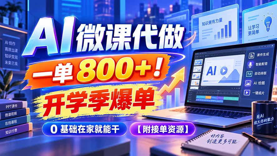 AI 微课代做，一单 800+！开学季爆单，0 基础在家就能干【附接单资源】-喜学网