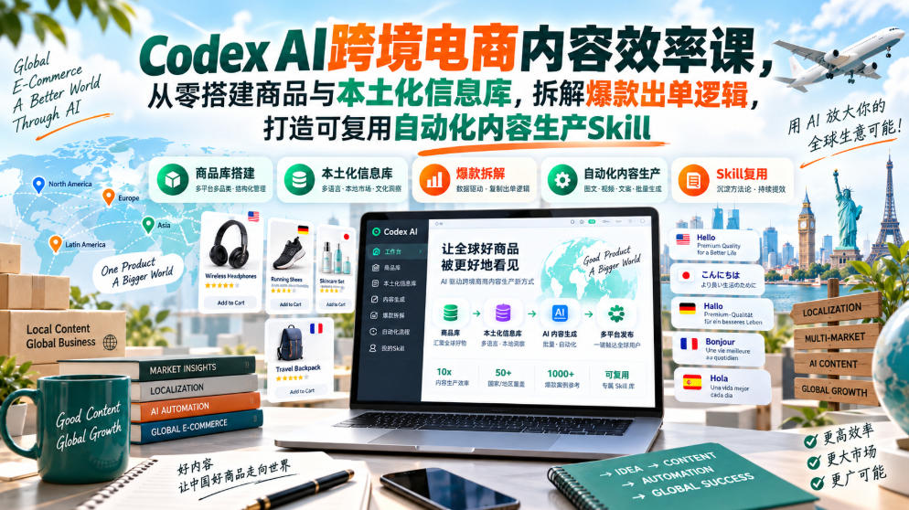 Codex AI跨境电商内容效率课，从零搭建商品与本土化信息库，拆解爆款出单逻辑，打造可复用自动化内容生产Skill-小艾项目网