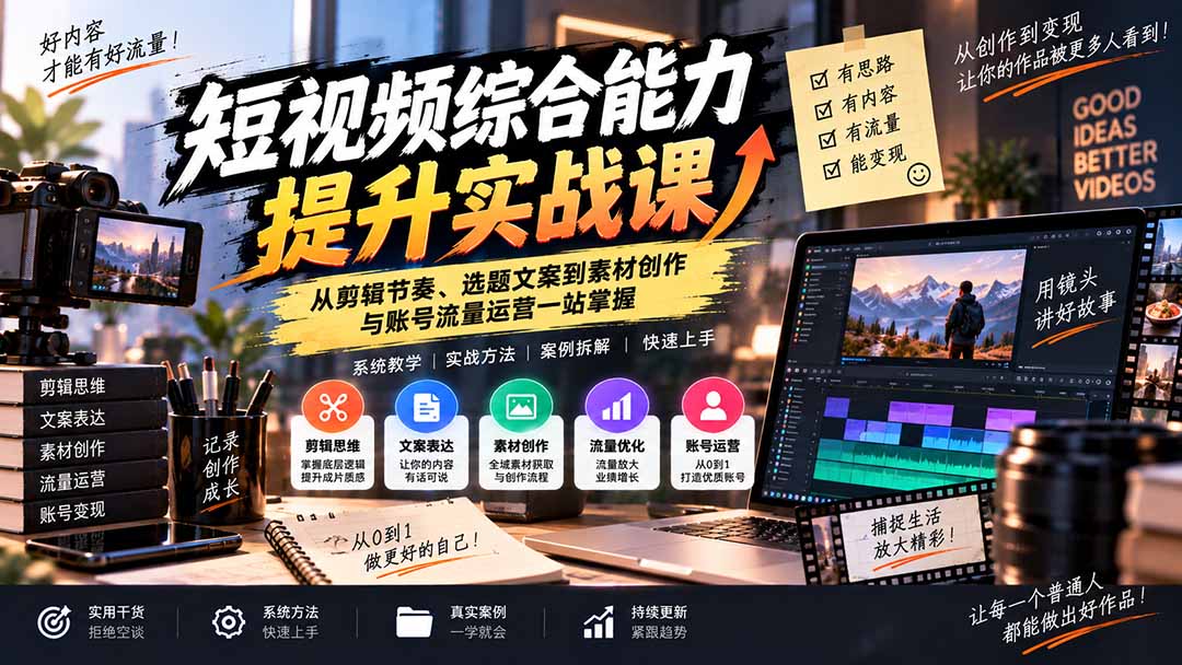 短视频综合能力提升实战课：从剪辑节奏、选题文案到素材创作与账号流量运营一站掌握-我爱发帖