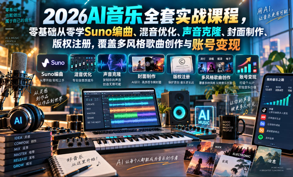 2026AI音乐实战课程，零基础从零学Suno编曲、混音优化、声音克隆、版权注册，覆盖多风格歌曲创作与账号变现(更新0924)-喜学网