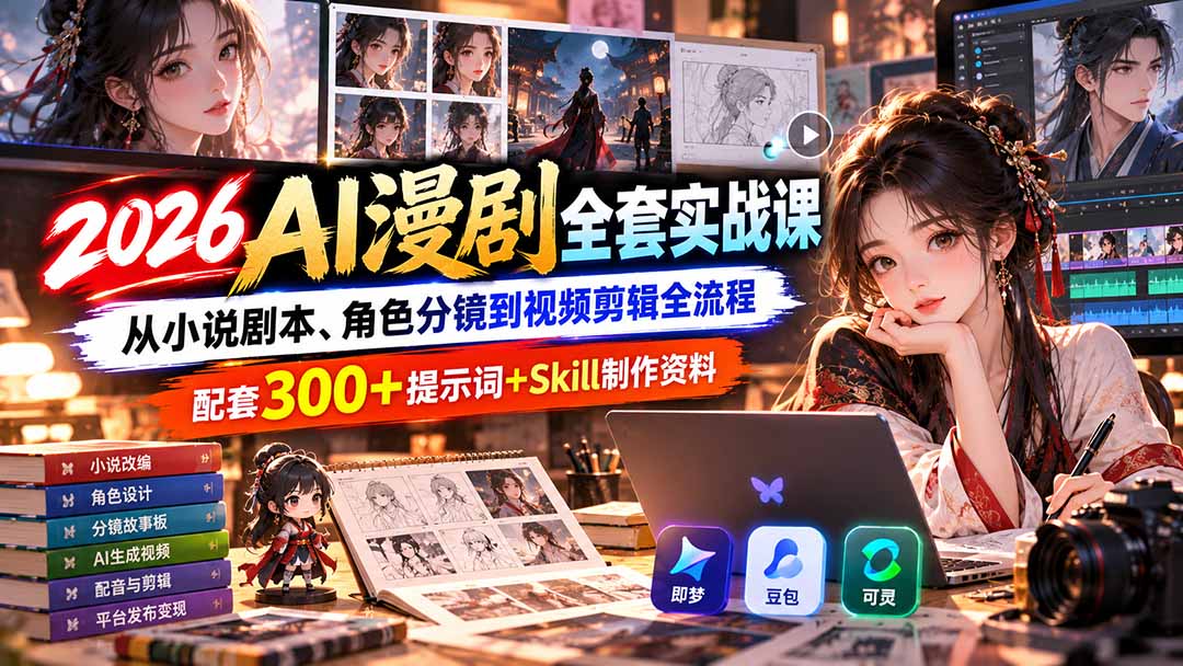 【无水印】2026AI漫剧全套实战课：从小说剧本、角色分镜到视频剪辑全流程，配套300+提示词+Skill制作资料-我爱发帖