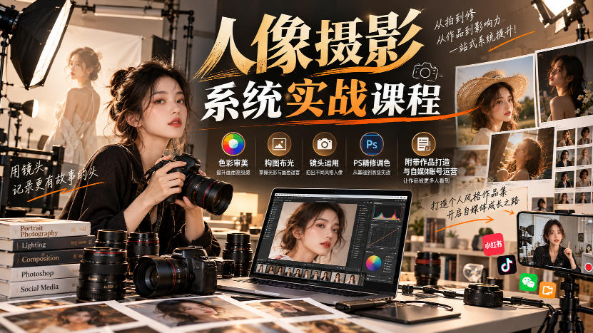 【无水印】人像摄影系统实战课程，色彩审美、构图布光、镜头运用、PS精修调色，附带作品打造与自媒体账号运营-喜学网