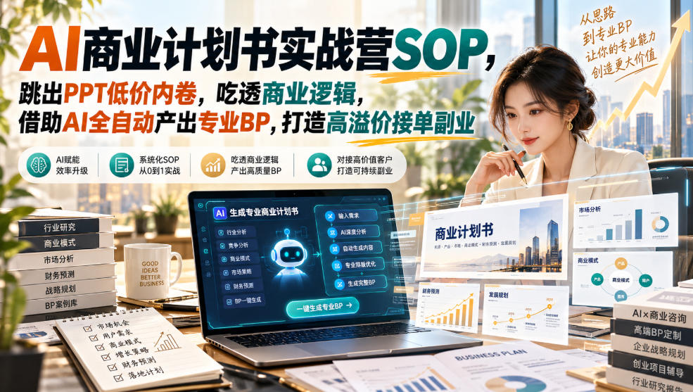 AI商业计划书实战营SOP，跳出PPT低价内卷，吃透商业逻辑，借助AI全自动产出专业BP，打造高溢价接单副业-喜学网