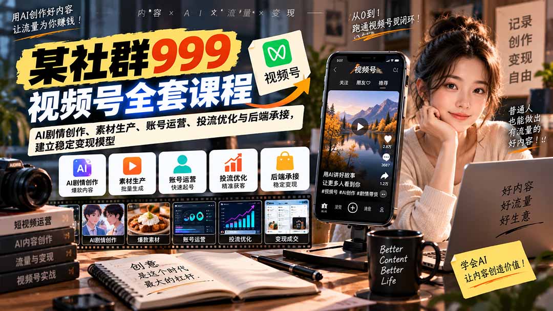 【无水印】某社群999视频号全套课程：AI剧情创作、素材生产、账号运营、投流优化与后端承接，建立稳定变现模型-喜学网