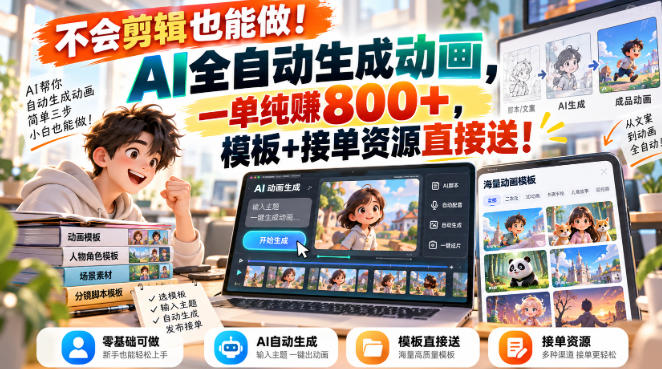 不会剪辑也能做！AI全自动生成动画，一单纯賺800+，模板+接单资源直接送！【揭秘】福星网赚创业资源-网赚项目-副业赚钱-互联网创业-资源整合福星网赚资源