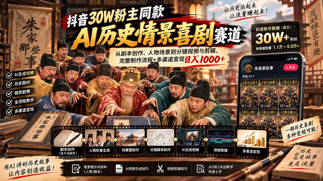 抖音30W粉博主同款AI历史情景喜剧赛道：从剧本创作、人物场景到分镜视频与剪辑，完整制作流程+多渠道变现日入1000+-喜学网