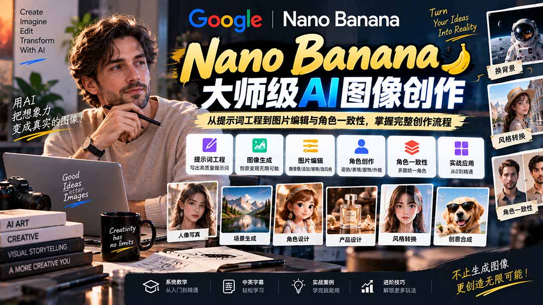 【无水印】Nano Banana大师级AI图像实战课：从提示词工程到图片编辑与角色一致性，掌握完整创作流程-喜学网