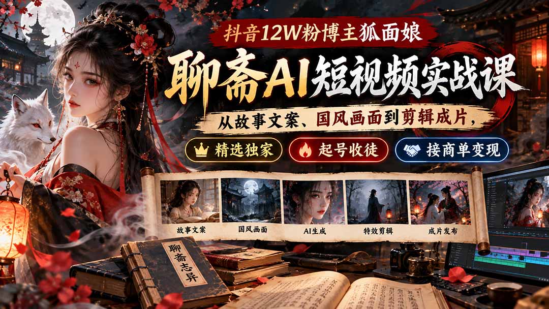 抖音12W粉博主狐面娘-聊斋AI短视频实战课：从故事文案、国风画面到剪辑成片，精选独家+起号收徒+接商单变现｜焦圣希 18818568866