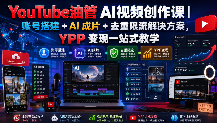 YouTube油管AI视频创作课｜账号搭建+AI成片+去重限流解决方案，YPP变现一站式教学(更新0925)福星网赚创业资源-网赚项目-副业赚钱-互联网创业-资源整合福星网赚资源