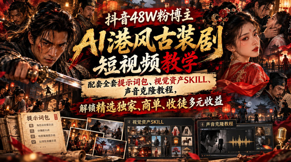 抖音48W粉博主AI港风古装剧短视频教学,配套全套提示词包、视觉资产SKILL、声音克隆教程,解锁精选独家、商单、收徒多元收益