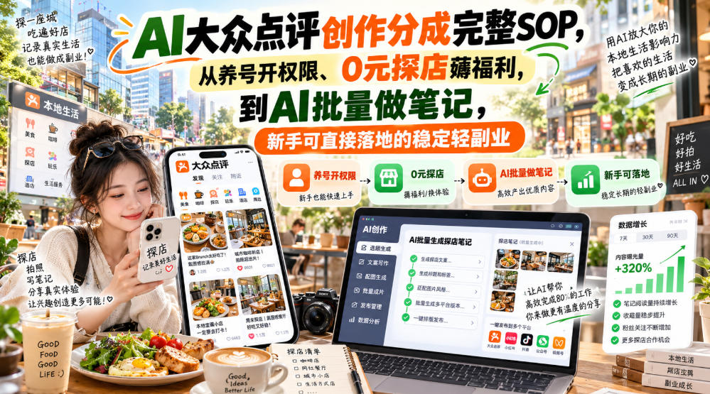 【无水印】AI大众点评创作分成完整SOP，从养号开权限、0元探店薅福利，到AI批量做笔记，新手可直接落地的稳定轻副业-我爱发帖
