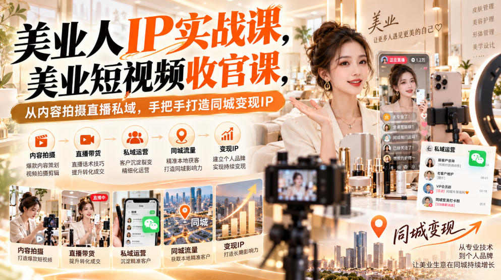 【无水印】美业人IP实战课，美业短视频收官课，从内容拍摄直播私域，手把手打造同城变现IP-我爱发帖