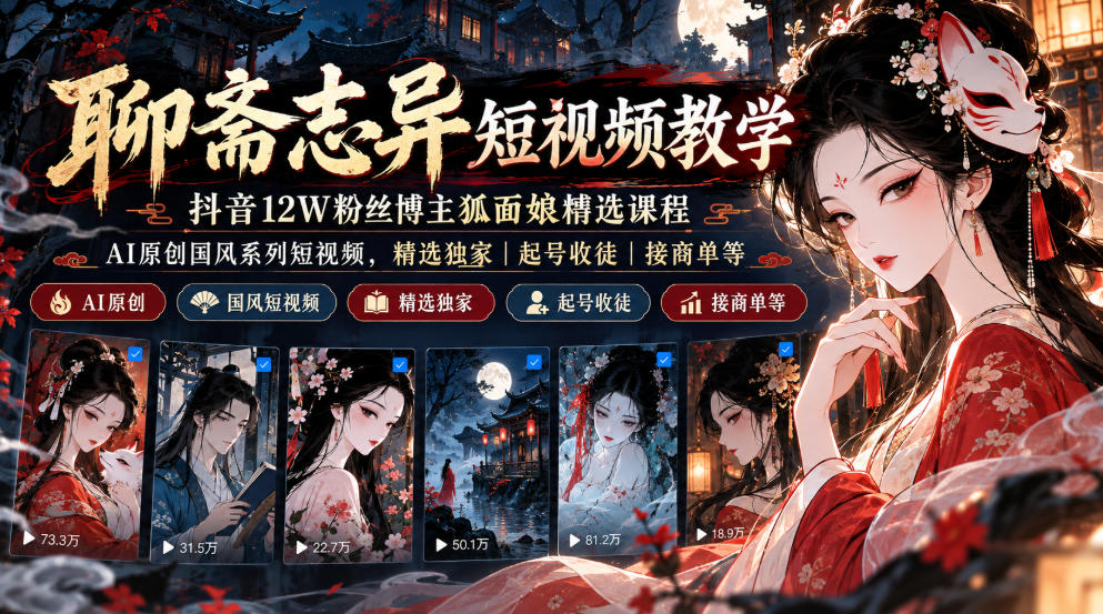 聊斋志异短视频教学，抖音12W粉丝博主狐面娘精选课程，AI原创国风系列短视频，精选独家丨起号收徒丨接商单等福星网赚创业资源-网赚项目-副业赚钱-互联网创业-资源整合福星网赚资源