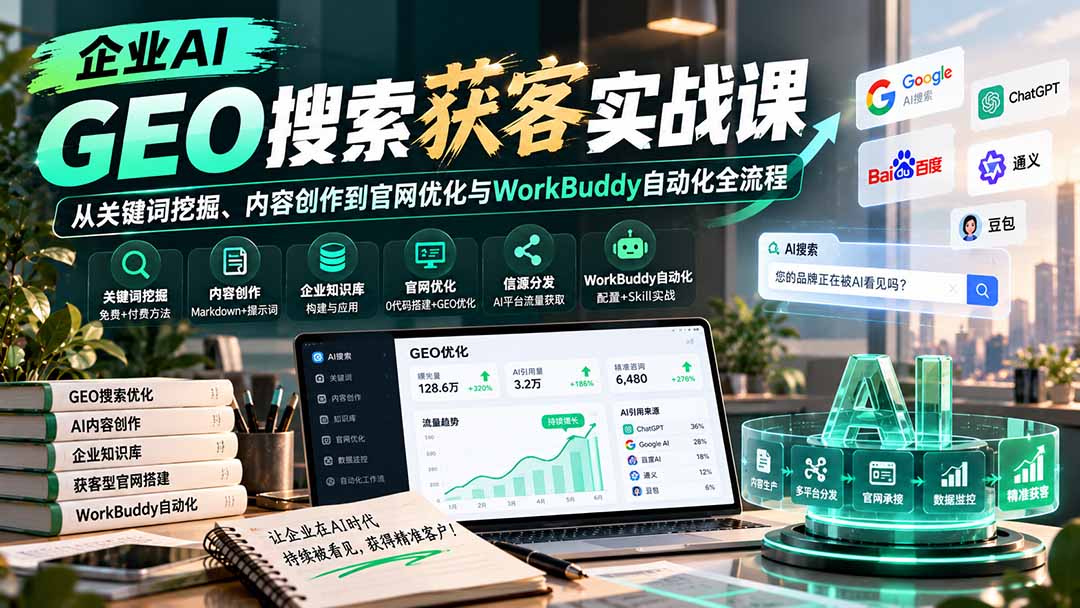 企业AI GEO搜索获客实战课:从关键词挖掘、内容创作到官网优化与WorkBuddy自动化全流程-我爱发帖