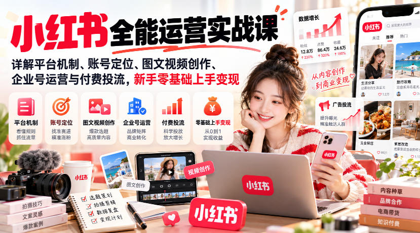 小红书全能运营实战课，详解平台机制、账号定位、图文视频创作、企业号运营与付费投流，新手零基础上手变现｜焦圣希 18818568866