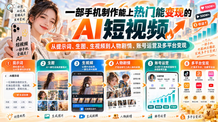 【无水印】一部手机制作能上热门能变现的AI短视频，从提示词、生图、生视频到人物剧情、账号运营及多平台变现-我爱发帖