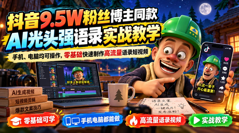 抖音9.5W粉丝博主同款AI光头强语录实战教学,手机、电脑均可操作,零基础快速制作高流量语录短视频-我爱发帖