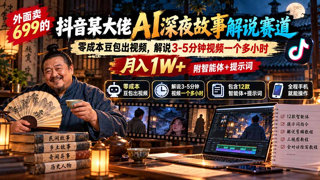 外面卖699的抖音某大佬AI深夜故事解说赛道：零成本豆包出视频，解说3-5分钟视频一个多小时，月入1W+附智能体+提示词｜焦圣希 18818568866