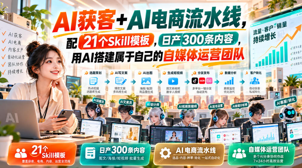AI获客+AI电商流水线，配21个Skill模板，日产300条内容，用AI搭建属于自己的自媒体运营团队-我爱发帖
