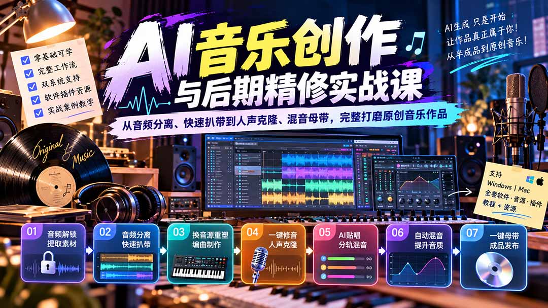 AI音乐创作与后期精修实战课：从音频分离、快速扒带到人声克隆、混音母带，完整打磨原创音乐作品-我爱发帖