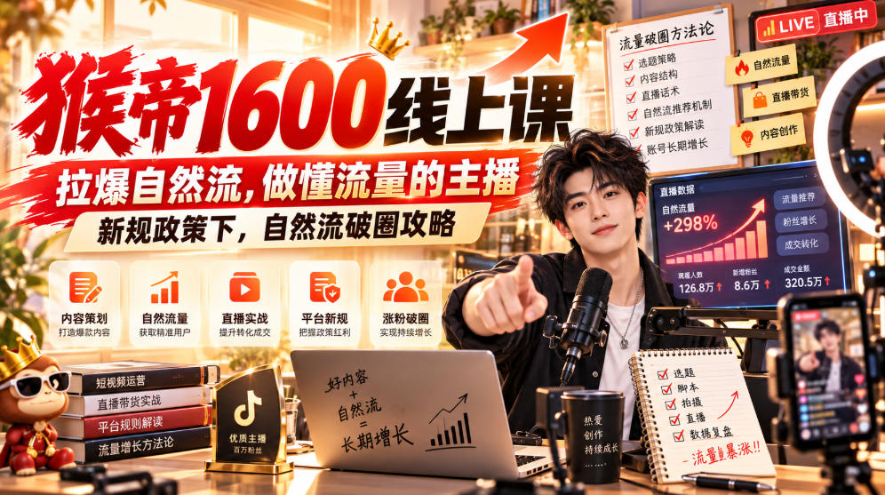 猴帝1600线上课,拉爆自然流,做懂流量的主播,新规政策下,自然流破圈攻略【更新260926】