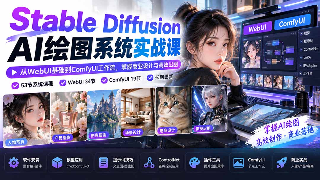 【无水印】Stable Diffusion AI绘图系统实战课：从WebUI基础到ComfyUI工作流，掌握商业设计与高效出图福星网赚创业资源-网赚项目-副业赚钱-互联网创业-资源整合福星网赚资源