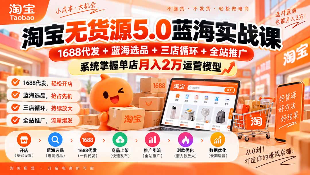 淘宝无货源5.0蓝海实战课-更新0927：1688代发+蓝海选品+三店循环+全站推广，系统掌握单店月入2万运营模型-我爱发帖