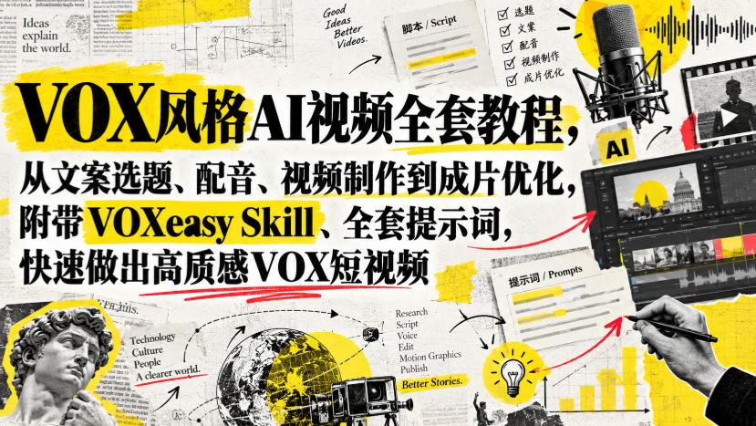 VOX风格AI视频全套教程,从文案选题、配音、视频制作到成片优化,附带VOXeasy Skill、全套提示词,快速做出高质感VOX短视频